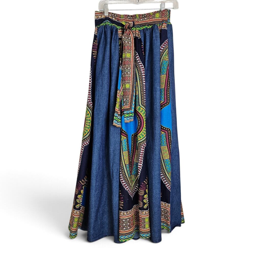 NF Womens African Dashiki Patchwork Denim Maxi Skirt Free Size Cotton Boho